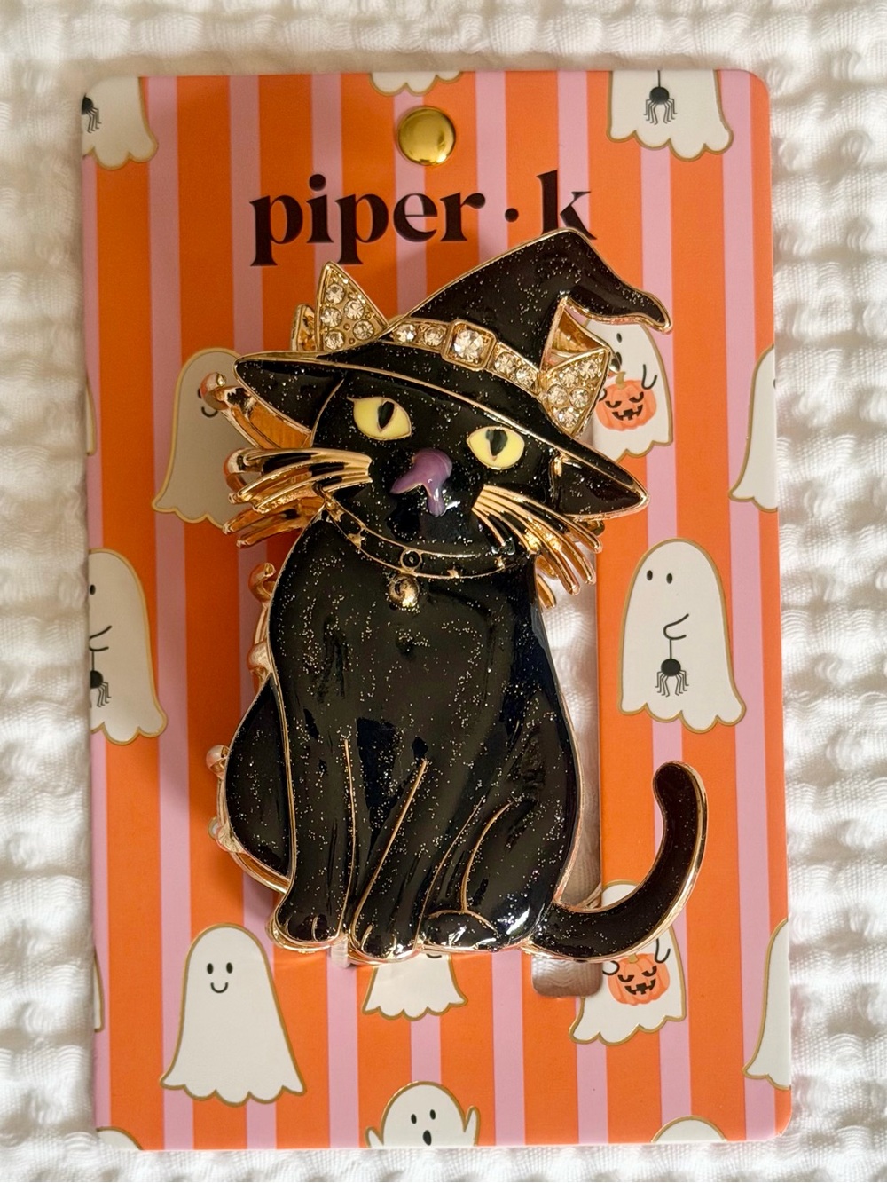 Piper K Black Cat Witch Hair Claw Clip Metal Enamel Crystal Halloween Kitsch NWT